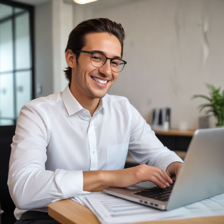 A professional using a laptop at a modern office, smiling confidently while reviewing investment data.