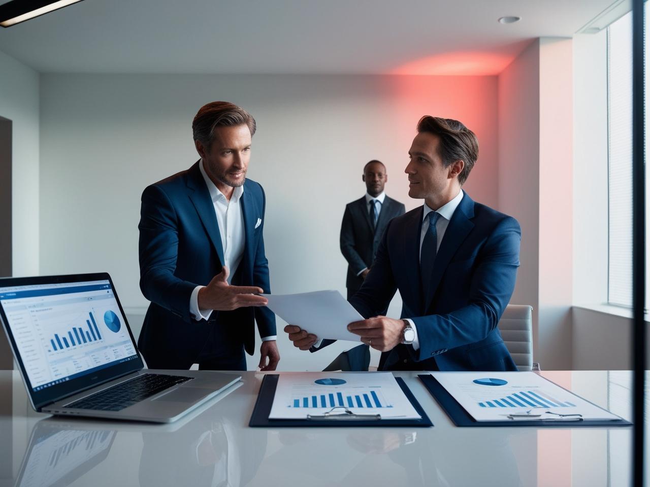 Three business professionals discuss finance in a sleek office with confident expressions.